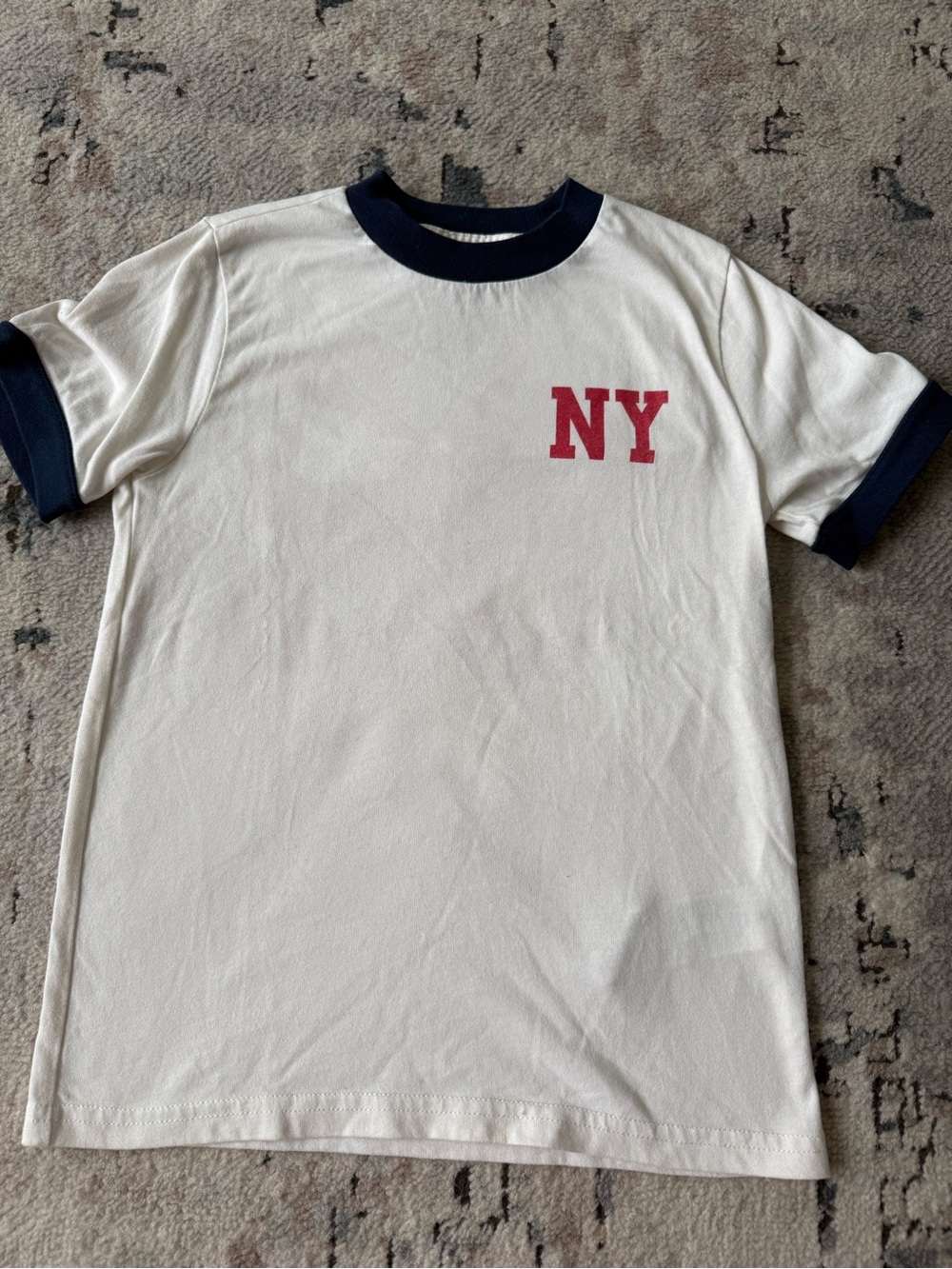 abercrombie kids Cream Ringer Tee with Navy Trim and Red NY Logo